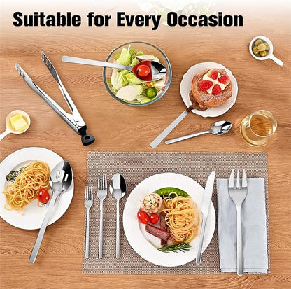 KINGSTONE Silverware Set With Serving Utensils, 65 Piece Flatware for 12, 18/10 Cutlery With 5 Piece Serving Utensil Set - Modern and Original Design, Dishwasher Safe