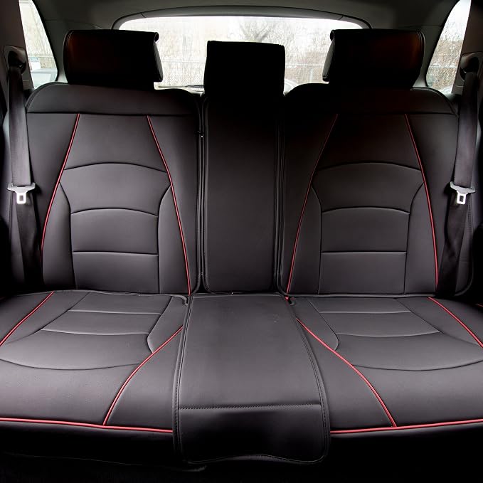 FH Group Back Seat Faux Leather Car Seat Cover - Universal Fit, Rear Seat Covers for Cars with Rear Split Bench, Car Seat Cushions for SUV, Sedan, Van, Black Red Trim