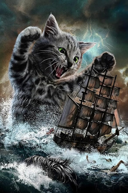 Challenge 1000 Pieces, sea Monster Titan cat. Wooden Puzzle for Adults, Family Fun, Relaxation, Decoration and Gift Giving. Jigsaw Puzzle Size: 29.5x19.7 inches and 1:1 Original Picture Poster