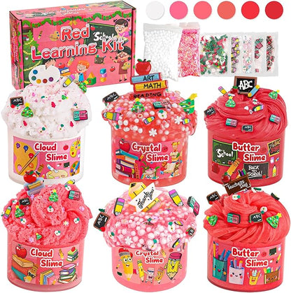 LAWOHO 6 Packs Slime Kit, Back to School Slime Gifts for Kids, Red Learning Themed Slime with Cloud Butter Clear Textures, Birthday Party Favors Goodie Bags Stuffer Anxiety Stress Relief Toys