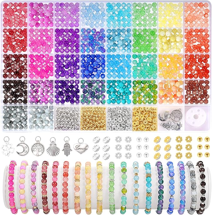 6mm Glass Beads for Jewelry Making, 1396pcs Ink Patterns Crystal Beads for Bracelets, Funtopia 34 Colors Round Glass Beads Kits for Necklace DIY Earrings Crafts with Spacer Beads and Charms