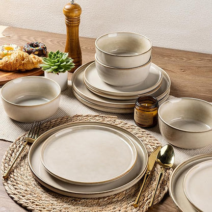 AmorArc Stoneware Dinnerware Sets,Round Reactive Glaze Ceramic Plates and Bowls Sets,Highly Scratch Resistant | Microwave & Dishwasher Safe,Cappuccino,Service for 8 Dishes Set