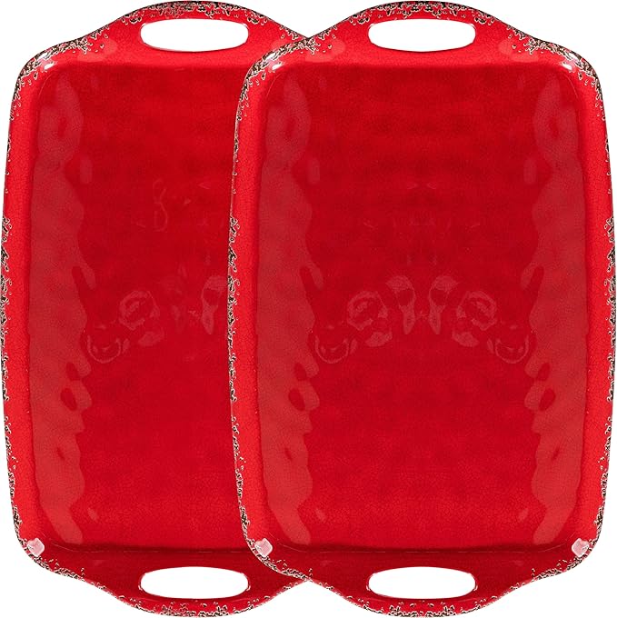 Christmas Large Melamine Serving Tray with Handle, Crackled Rustic Rectangle Melamine Serving Platter for Serving Food, Coffee Table Tray, Entertaining & Party Use, Set of 2, Christmas Red