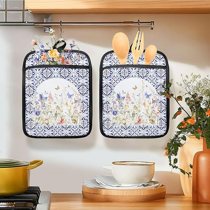 Colorful Wildflowers Floral Oven Mitts Set, Pot Holders