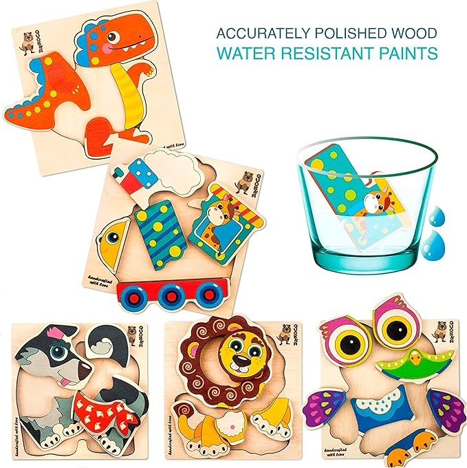 QUOKKA Wooden Puzzles for Toddlers 3-4 - 6XSET Toddler Puzzles Ages 3-4 - Wood Learning Montessori Toys 3-5 Year Old - Preschool Animal Travel Game Gift for Boys & Girls
