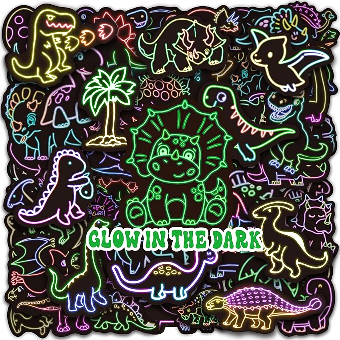 51 Pcs Neon Dinosaur Stickers for Kids Glow in The Dark, Dinos Sticker for Water Bottle, Vinyl Waterproof Laptop Decals for Teens Girls Boys, Students Adults Sticker Pack