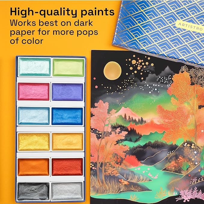 ARTISTRO Professional Metallic Watercolor Paint Set for Adults - 12 Pigment-Rich Metallic Colors, XL Pans, ASTM-I Lightfastness, High Tinting Strength Watercolor Set for Professionals made by professionals
