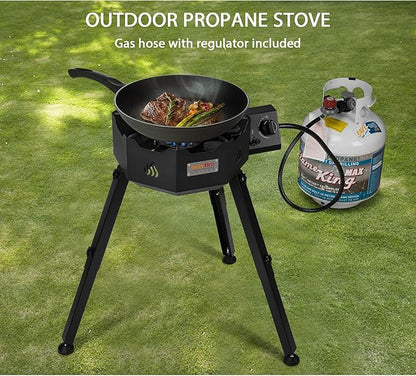 ONLYFIRE Portable Gas Burner with Adjustable Removable Legs, Propane Camping Stove for Backyard RV Tailgating Outdoor Cooking, works for Wok, Skillet, Frying Pan, Pot, 4FT Hose, 65000BTU, GS301