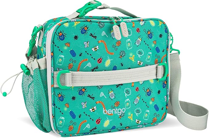Bentgo Kids Lunch Bag - Durable, Double-Insulated Lunch Bag for Kids 3+; Holds Lunch Box, Water Bottle, & Snacks; Easy-Clean Water-Resistant Fabric & Multiple Zippered Pockets (Bug Buddies)