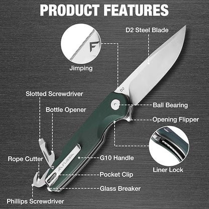 FLISSA Multitool Pocket Knife, 3.3" D2 Blade with G10 Handle, Liner Lock Folding Knife with Glass Breaker, Screwdrivers, Bottle Opener & Rope Cutter for EDC, Survival, Camping, Hiking