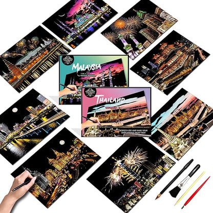 Scratch Art Painting Kit for Adults-8 Sheets A4 Rainbow Scratch Painting Paper Craft Set with City Landmarks|Stress Relief Gift for Travel&Craft Lovers|Scratch Art Home Decor(Asian Series)