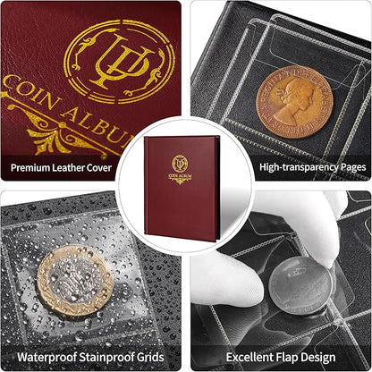 200 Pockets Coin Album - Coin Collecting Book with 10 Pages, 33x33 mm Grid Holder for Pounds Pence Cents Dollars Nickel (Red) CS48200RE