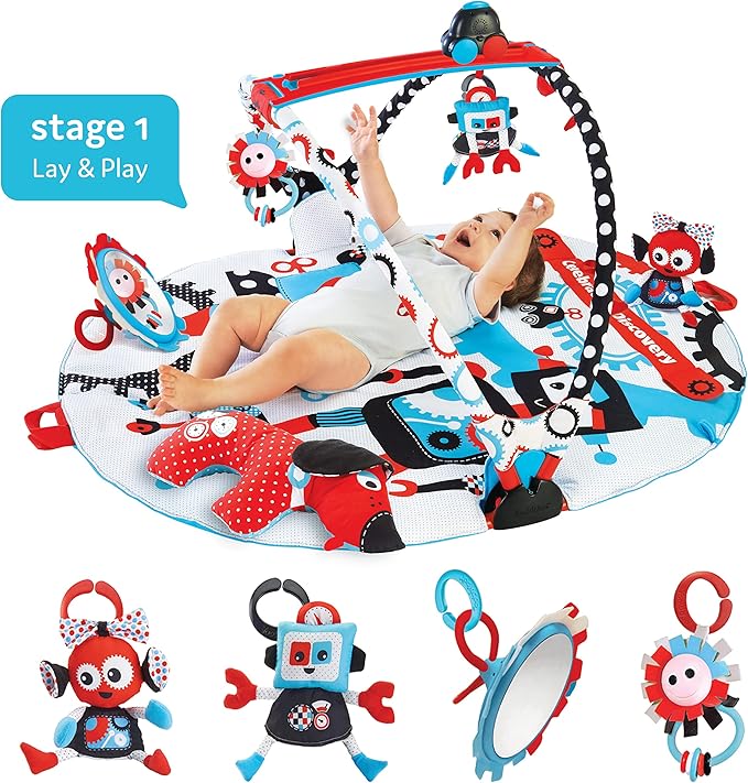 Yookidoo Baby Gym and Play Mat - 3 Stage Accessory Gym with Motorized Robot Track - 20 Development Activities - Age 0-12 Months