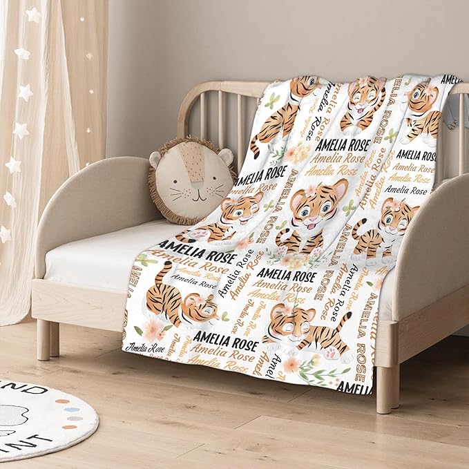 Personalized Baby Blanket for Girls Boys Kids Tiger Custom Baby Blanket with Name Throw Birthday Gift for Toddlers Infants Shower Newborns Nursery Stroller Crib Bed Decor
