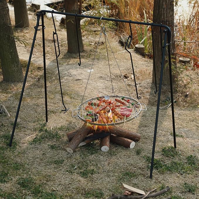 REDCAMP Swing Campfire Grill Stand - Collapsible Campfire Cooking Rack with 6 Hooks & Stainless Steel Grill Grate, Portable Dutch Oven Hanger for Outdoor Camping, Cookware, Bonfire, Round