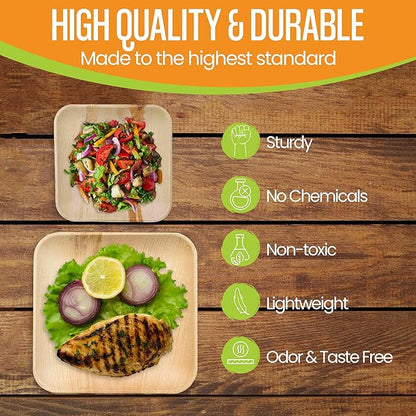 Raj Palm Leaf Plates Bulk [50-Pack] 10" & 7" Square Plates (3 CASES - 150 PACK) like Bamboo plates Disposable, Strong, Decorative Compostable Tableware for weddings, Lunch, Dinners etc