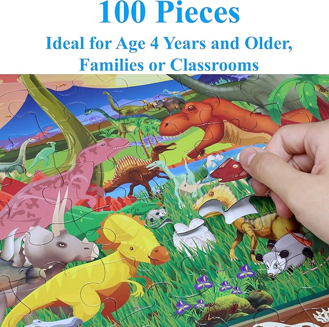 Think2Master 100 Pieces Dinosaurs Jigsaw Puzzle Fun Colorful Educational Toy for Kids, School & Families. Great Gift for Boys & Girls Ages 4-8 to Stimulate Learning. Size:23.4” X 16.5”