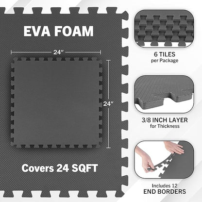 EVA Foam Mat Tiles 6-Pack - 24 SQ FT of Interlocking Padding for Garage, Playroom, or Gym Flooring - Workout Mat or Baby Playmat by Stalwart (Gray)