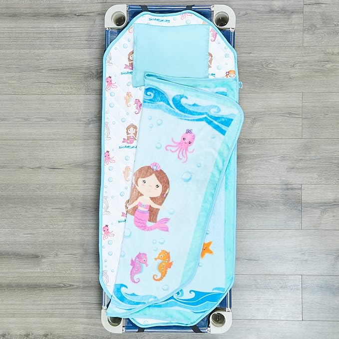 EVERYDAY KIDS Cute Preschooler and Toddler Cot Nap Mat for Home, Daycare, Preschool and Kindergarten; Easy to Roll Sleeping Mat with Elastic Straps, Pillow and Blanket