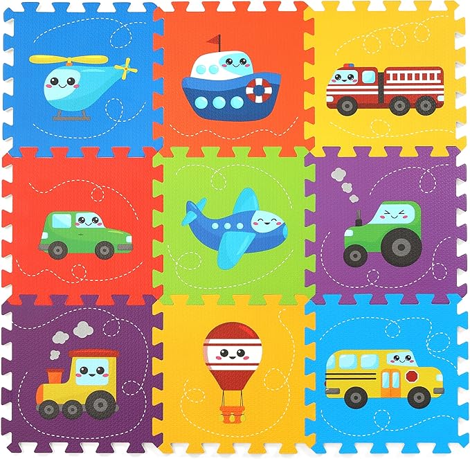 Baby Play Mat, Foam Playmat for Babies, Kids Play Mat, Foam Floor Tiles 34×34 9 Pieces Vehicle Puzzle Mat