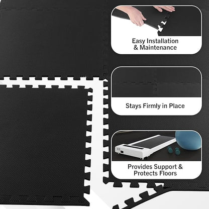 EVA Foam Mat Tiles 12-Pack - 48 SQ FT of Interlocking Padding for Garage, Playroom, or Gym Flooring - Exercise Mat or Baby Playmat by Stalwart (Black)