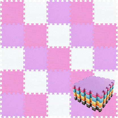 qqpp EVA Rubber 18 Tiles Interlocking Puzzle Foam Floor Mats - Baby Play Mat for Playing | Exercise Mat for Home Workout. White, Pink, Purple. QC-ACKb18N