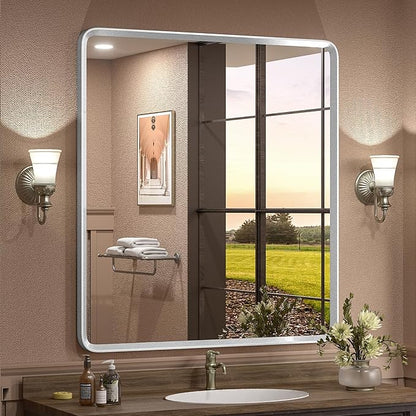 32x36 Inch Silver Bathroom Mirror, Rounded Rectangle Bathroom Vanity Mirror