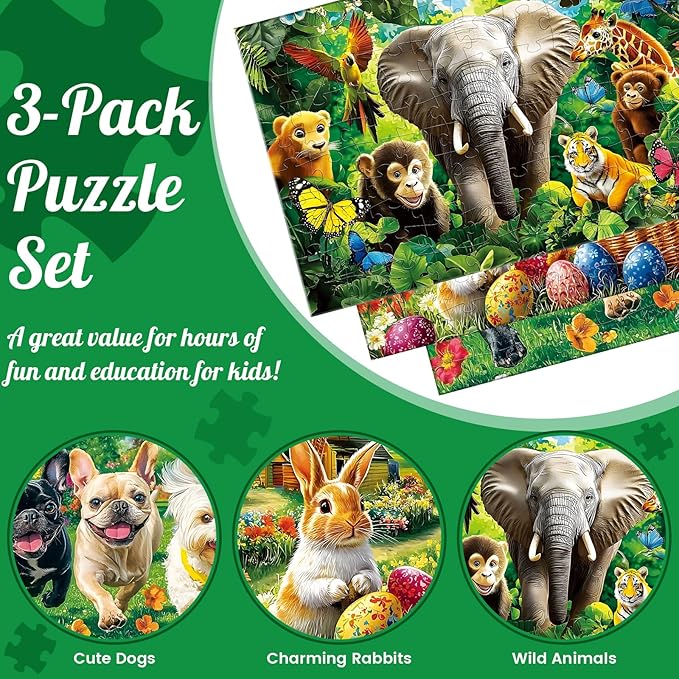 3-Pack 100 Piece Puzzles for Kids,Dogs Rabbits Animals Puzzle for Kids Age 4-6 6-8 8-10,Unique Large Piece Jigsaw Puzzle,Recycled Paper,Bright & Colorful Educational Puzzle,Great Gift for Boys Girls
