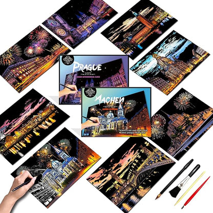 Scratch Art Painting Kit for Adults-8 Sheets A4 Rainbow Scratch Painting Paper Craft Set with City Landmarks|Stress Relief Gift for Travel&Craft Lovers|Scratch Art Home Decor(Europe Series 1)