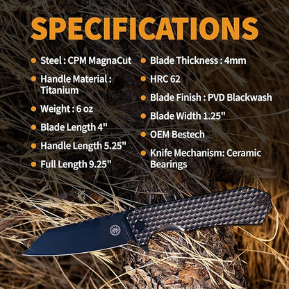 Off-Grid Knives - MAMBA V3, Large EDC Knife with MagnaCut Blade Steel, Titanium Scales and Hardware, Manual Ball Bearing Flipper, Four Finger Grip, Deep Pocket Carry (Blackout)