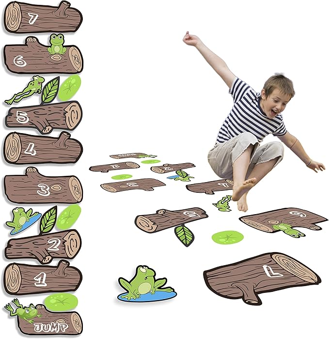 Classroom Decor Sensory Path Decals for Floor & Wall - Frog Hopping Game on Wooden Logs Hopscotch Floor Stickers for Boosting Gross Motor Skills