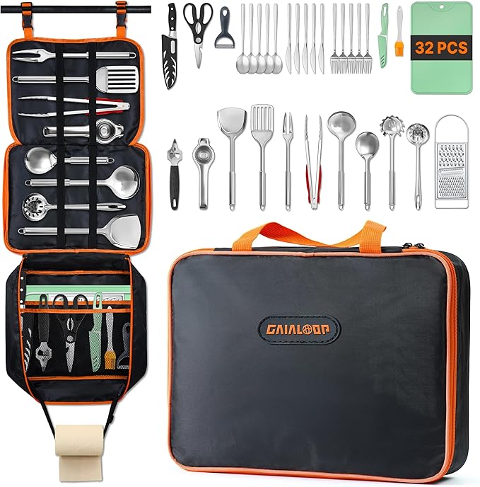 Camping Cooking Utensils Set Grilling Cookware Camp Kitchen Rotating Marshmallow Roasting Sticks BBQ Forks, Portable RV Camping Essentials Camper Must Haves for Cookouts Open Fire Pit
