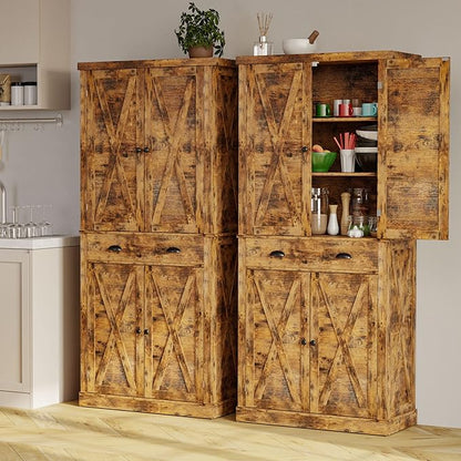 IRONCK Kitchen Pantry Storage Cabinet 72.6" H, with Barn Doors, Drawer, 4 Adjustable Shelves, Freestanding Cupboard for Dining Room Living Room, Laundry, Vintage Brown