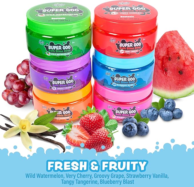 Tub Works Super Goo Bath Slime Soap Bath Toy, 6 Pack | Stretchy, Squishy Slime Soap for Kids Bath | Fresh, Fruity Scents | Nontoxic | Sensory Fun Kids & Toddler Bath Toys
