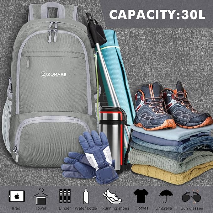 ZOMAKE Lightweight Packable Backpack 30L, Foldable Hiking Backpacks Water Resistant Compact Folding Daypack for Travel(Sliver Grey)