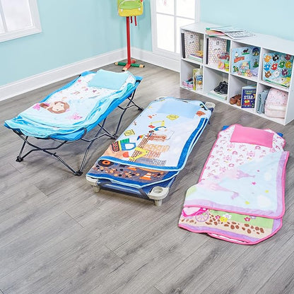 EVERYDAY KIDS Cute Preschooler and Toddler Cot Nap Mat for Home, Daycare, Preschool and Kindergarten; Easy to Roll Sleeping Mat with Elastic Straps, Pillow and Blanket