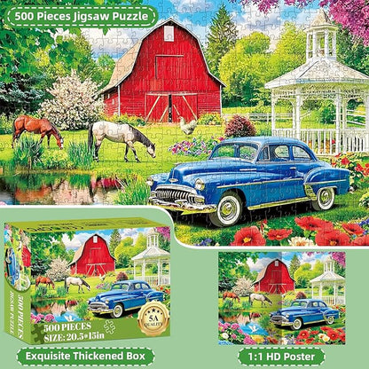 Puzzles for Adults 500 Pieces,Farm Horse Puzzle for Adult,Flowers Rooster Barn Truck Themed Jigsaw Puzzle,Country Life Puzzle for Seniors Kids,Puzzles for Family Game Nights, 20.5x15 in
