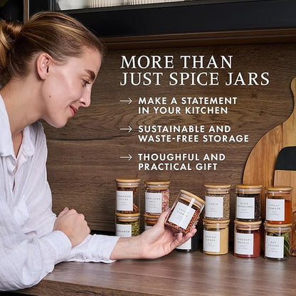 Glass Spice Jars with Labels-12 Pack- 6.8oz- 360 Labels- Spice Containers with