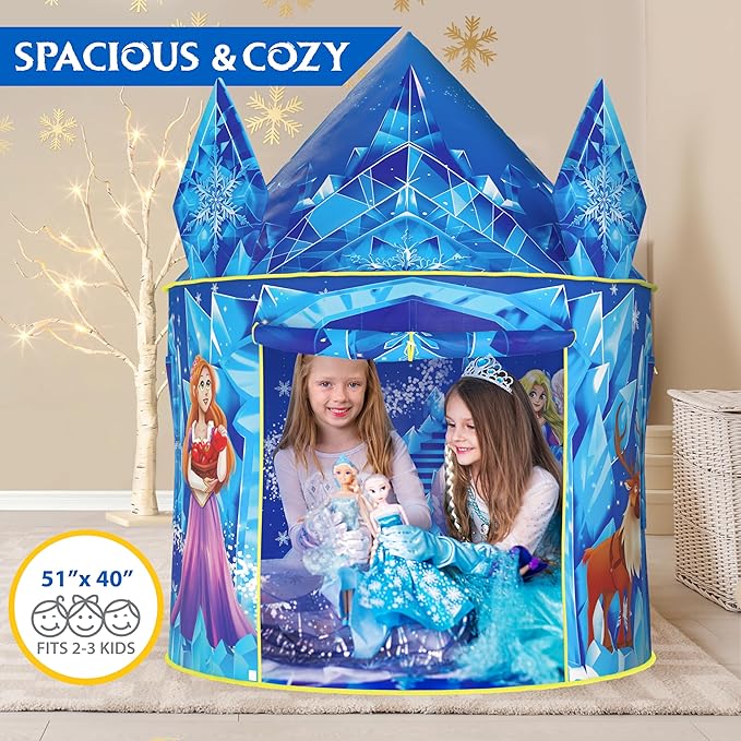 W&O Frozen Princess Tent for Girls with Magical Sound Button, LED Lights, Crown & Wand – Indoor & Outdoor Frozen Tent for Girls Ages 3-7