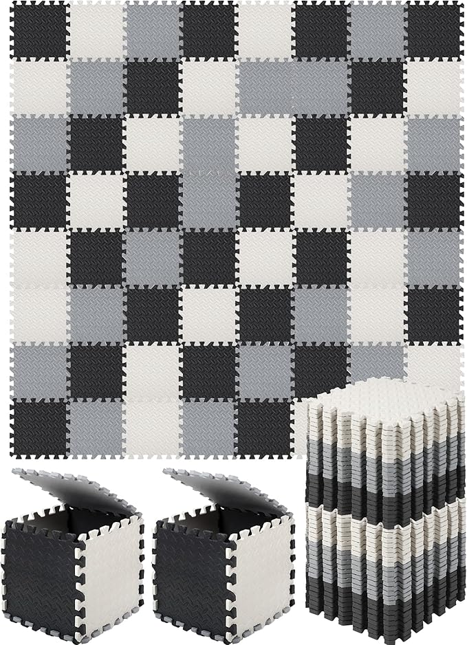 Shihanee Foam Floor Baby Tiles Foam Floor Mats Play Mats Bulk with Borders Interlocking for Kids Baby Playroom Nursery Gym (Black, White and Gray,64ft)