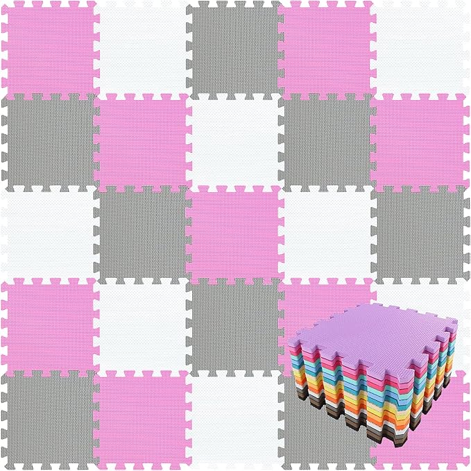 qqpp EVA Rubber 18 Tiles Interlocking Puzzle Foam Floor Mats - Baby Play Mat for Playing | Exercise Mat for Home Workout. White, Pink, Gray. QC-ACLb18N