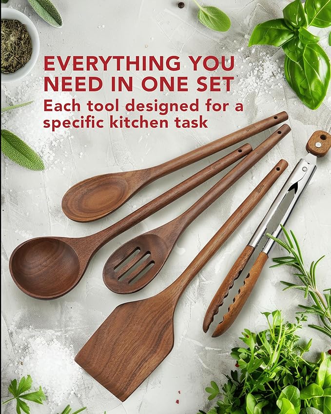 Elegant 5-Piece Walnut Wood Kitchen Utensil Set – Non-Scratch, Heat-Resistant Cooking Utensil Set with Kitchen Tongs, Spoons, Spatula & Ladle – Lightweight, Durable & Perfect for Daily Use or Gifting