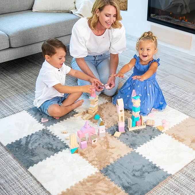 16 Piece Carpet Squares Puzzle Mat 49" x 49" Plush Interlocking Carpet Tiles, Foam Floor Tiles for Baby Play Mat - Kids Soft Play Mats Anti Slip Jigsaw Flooring Playmat Playroom Rug (Brown,Gray,White)