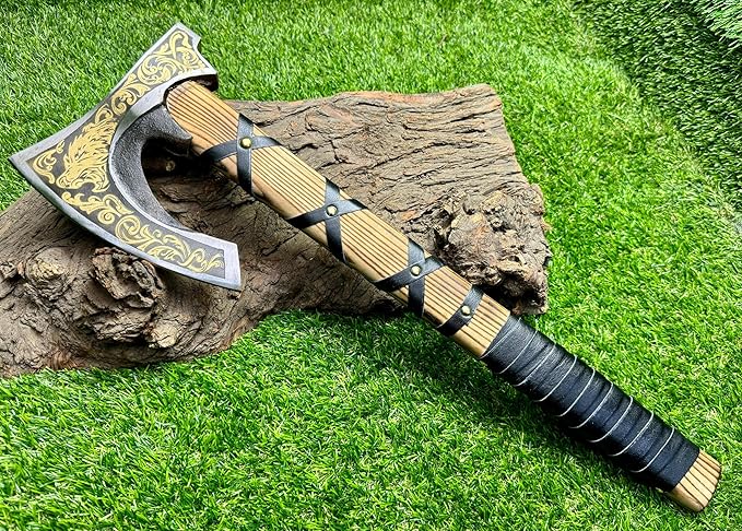 AX-7004 Custom Gift Forged Carbon Steel Viking Axe with Rose Wood Shaft, Viking Bearded Camping Axe