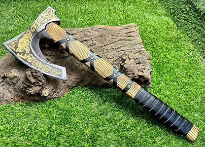 AX-7004 Custom Gift Forged Carbon Steel Viking Axe with Rose Wood Shaft, Viking Bearded Camping Axe