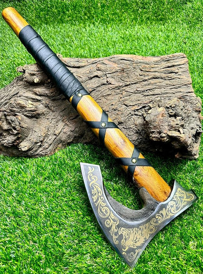 AX-7004 Custom Gift Forged Carbon Steel Viking Axe with Rose Wood Shaft, Viking Bearded Camping Axe