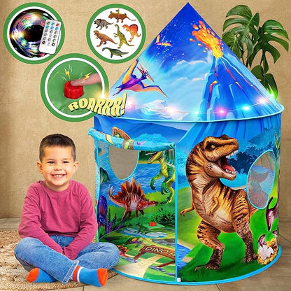 W&O Dino Paradise Play Tent with Roar Button, Dinosaur Toys and LED Lights - Epic Pop Up Tent for Boys & Girls - Perfect for Indoor & Outdoor Adventures