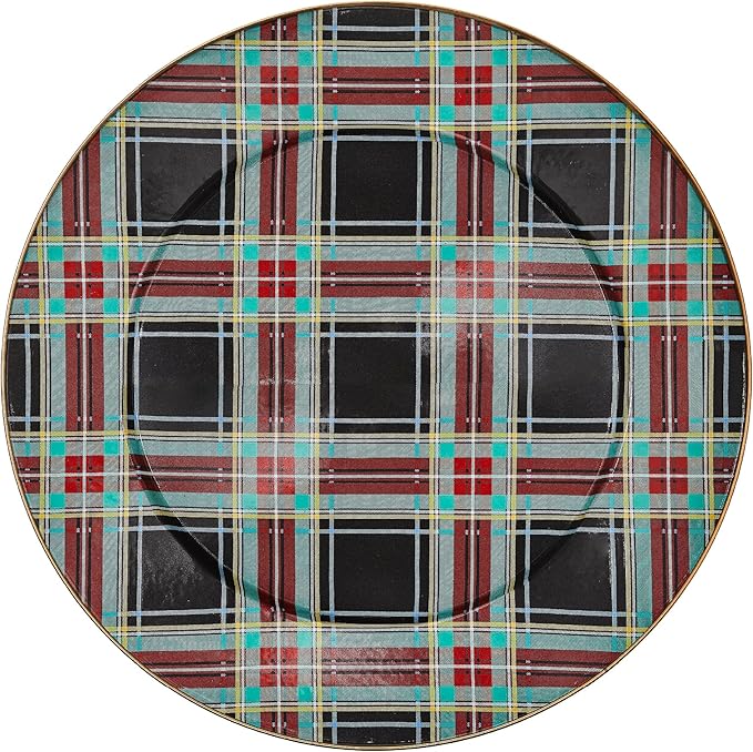 MACKENZIE-CHILDS Enamel Serving Platter, Decorative Serving Platter for Food, 16 Inches, Black Tartan