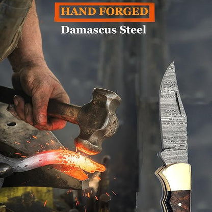 6.5" Handmade Damascus Steel Folding Hunting Knives For Men, Pocket Knife For Camping, Survival, Skinning And Outdoor Activities With Leather Sheath. (Rosewood)