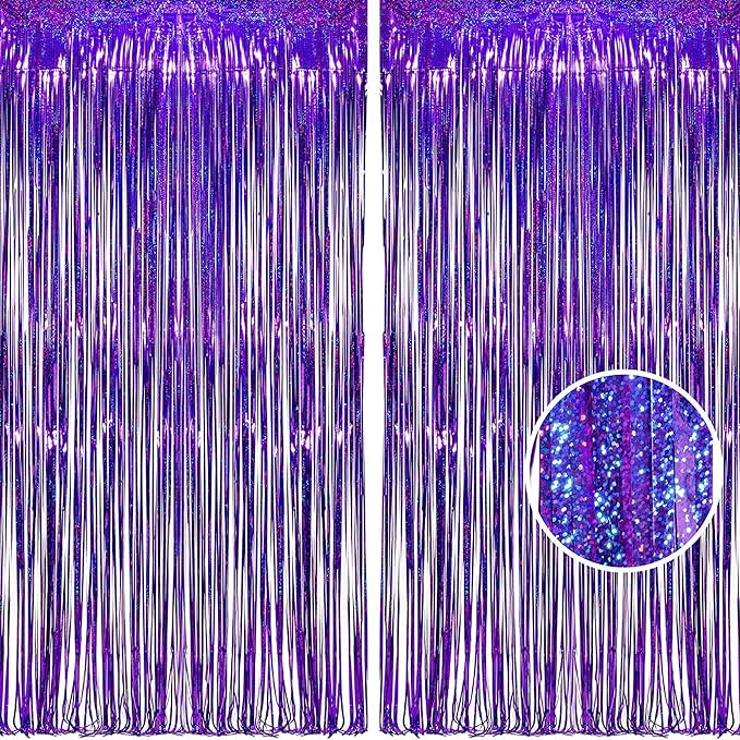 BRAVESHINE Purple Tinsel Foil Fringe Curtains - 2Pcs 3.2x8.2ft Metallic Holidays Photo Backdrop for Halloweens Birthdays Valentine's Bridal Shower Bachelorette Anniversary Engagement Party Supplies